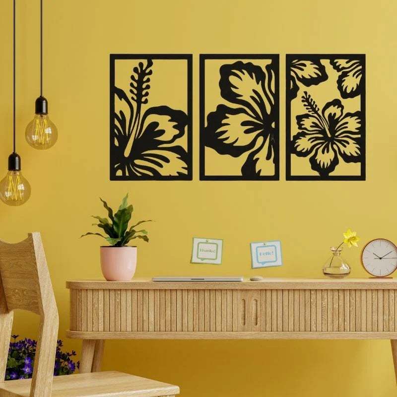 Black Wooden Floral Wall Decor - set of 3 Frames