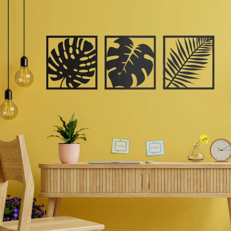 Minimalist Black Leaf Wall Decor - Set of 3 Wooden Frames