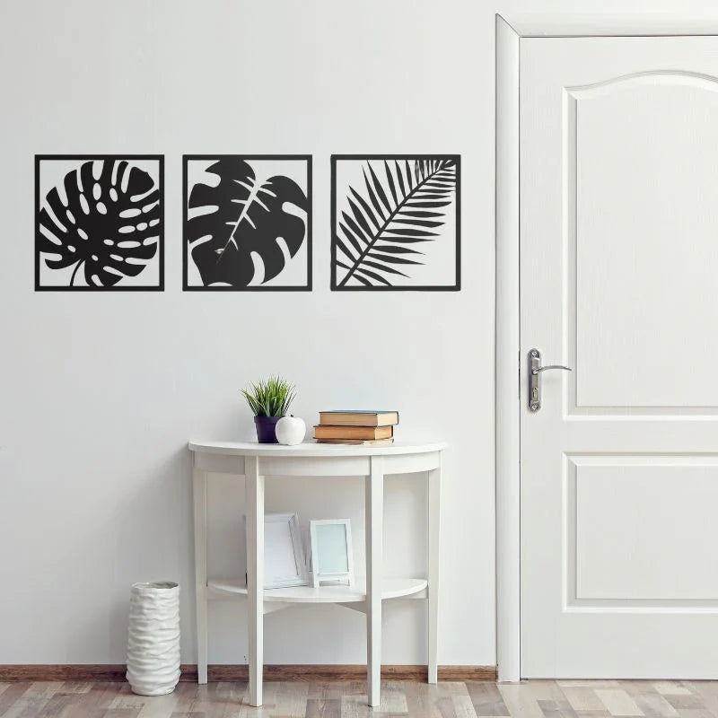 Minimalist Black Leaf Wall Decor - Set of 3 Wooden Frames