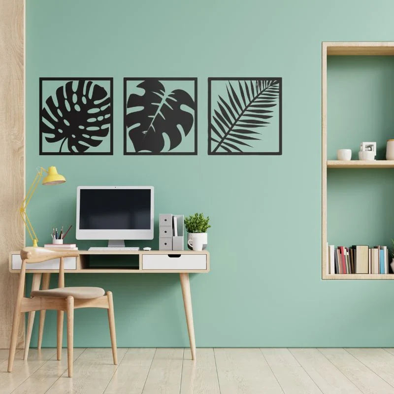 Minimalist Black Leaf Wall Decor - Set of 3 Wooden Frames