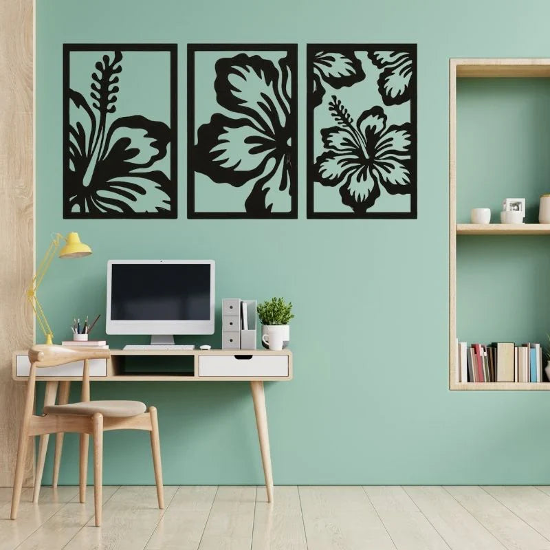 Black Wooden Floral Wall Decor - set of 3 Frames
