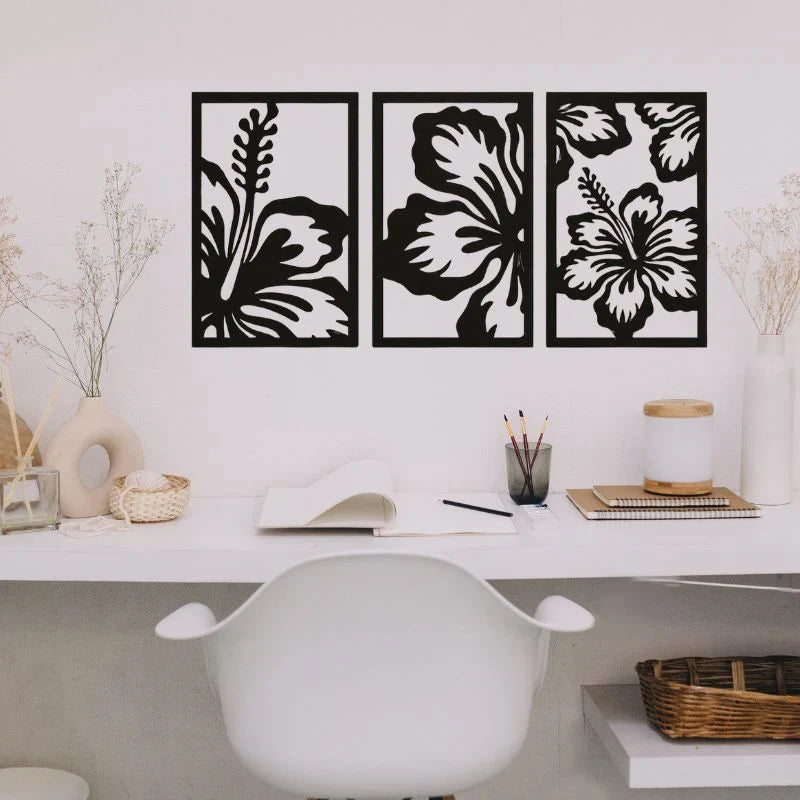 Black Wooden Floral Wall Decor - set of 3 Frames